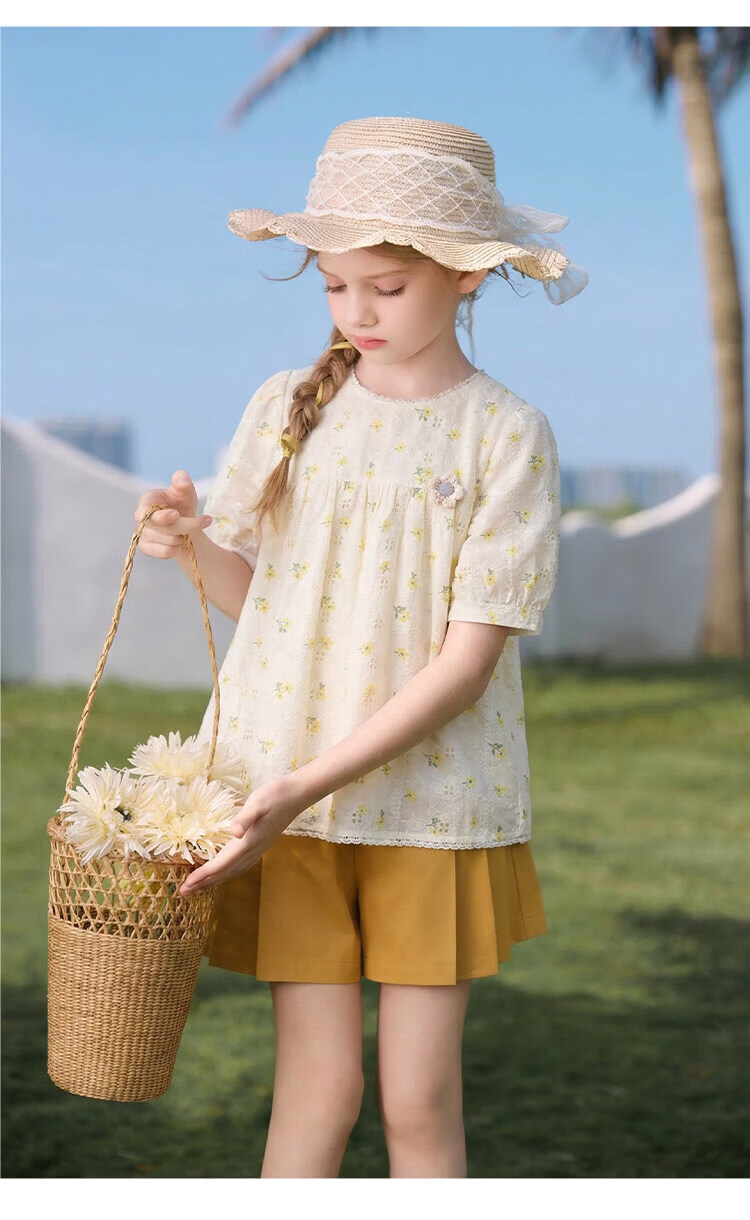 CHANZUIGOU Girls' Glutinous Yellow Floral Print Short Sleeve Top 2026 Summer New Stylish Versatile Shirt 19